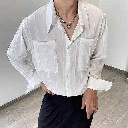 sanyamk  -  Spring Fashion See Through Mens Shirt Long Sleeve Loose Buttoned Lapel Top Shirts Men Clothes Vintage Striped Pleated Shirt