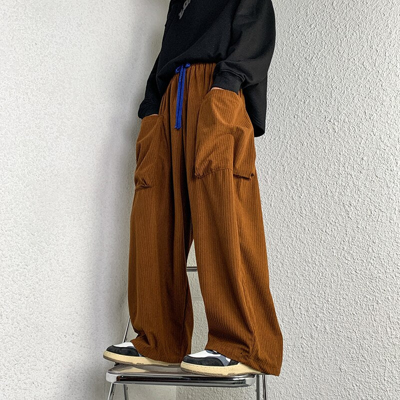 sanyamk Oversize Corduroy Pants Men Fashion Retro Pocket Cargo Pants Men Japanese Streetwear Loose Straight Wide Leg Pants Mens Trousers