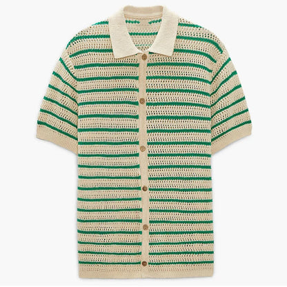 sanyamk Sweater Shirts Men Knitted Short Sleeve Turn-down Collar Button Knit Shirt Mens Summer Vintage Striped Knitting Cardigan Shirts