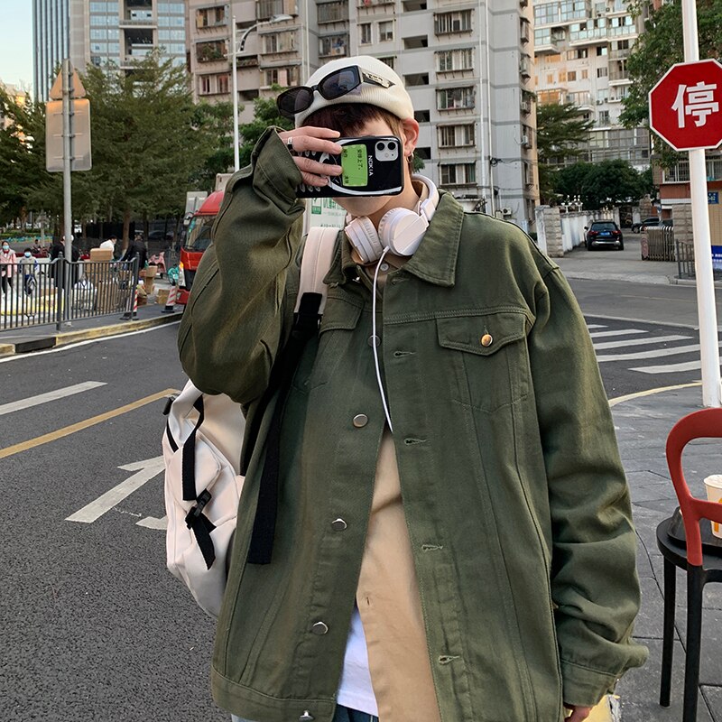 sanyamk Men Autumn New Denim Jackets Solid Casual Jean Jacket Rice White/Black/Army green Korean Fashion Jeans Coat Loose Outerwear