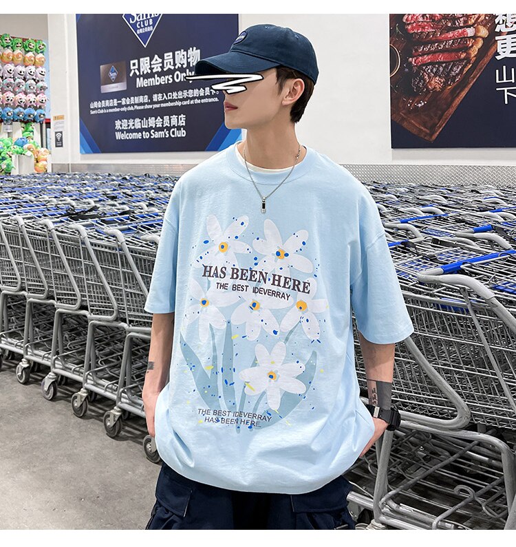 Bonsir Letter Flowers Print Summer Men Clothing Fashion Casual Harajuku Short Sleeve Tshirt XL 2XL Oversized Teenagers Streetwear