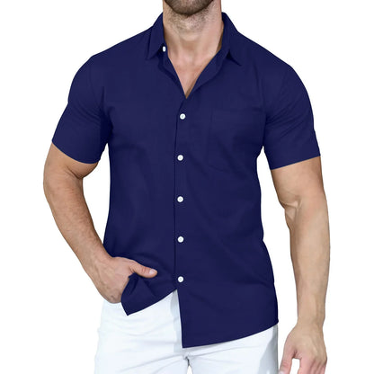 sanyamk 2024 Summer New Men's Shirts Cross border Solid Color Polo Button Loose Short Sleeve Shirt for Men