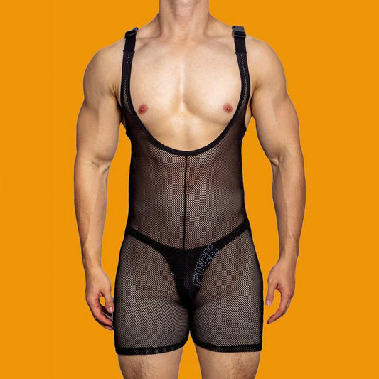 sanyamk Mens sexy tight-fitting solid color mesh see-through jumpsuit shaping breathable sexy suspenders home underwear for men