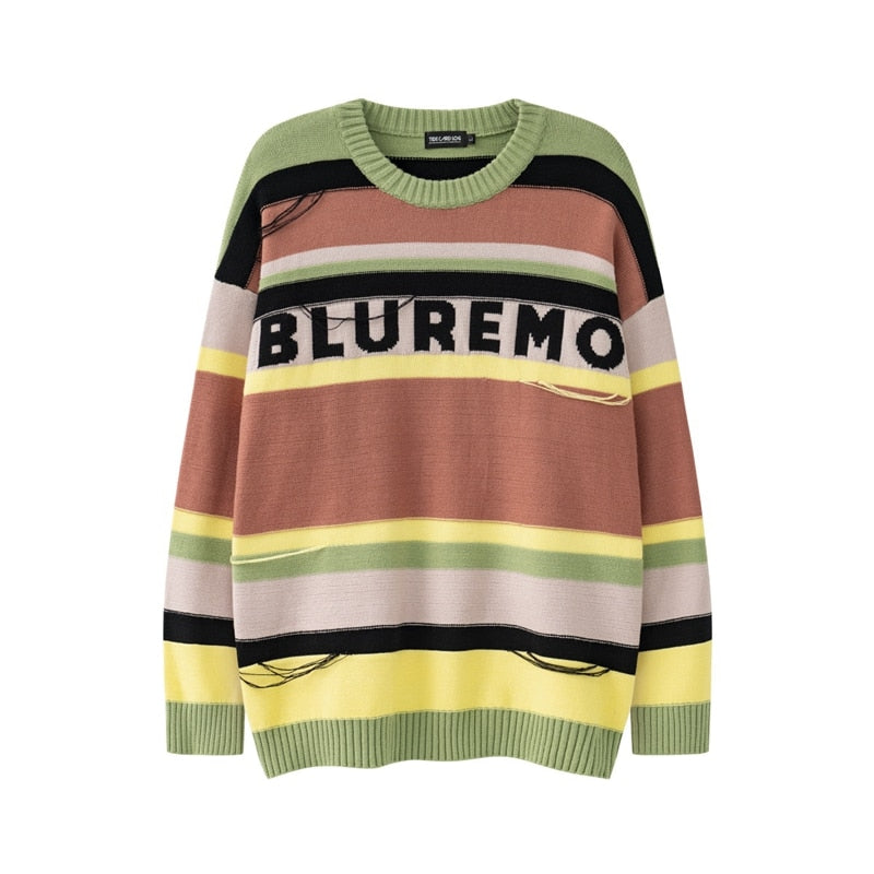 sanyamk Color Match Letter Striped Pullover Crew Neck Men's Sweater Loose Retro High Street Knitted Patchwork Couple Winter Clothes