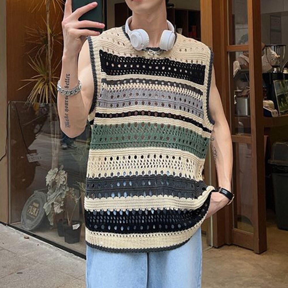 Bonsir Fashion Knitted Vest Y2k Streetwear Trend Hollow Sleeveless Top Men's Striped Contrast Color Loose Tank Tops Genderless Clothing