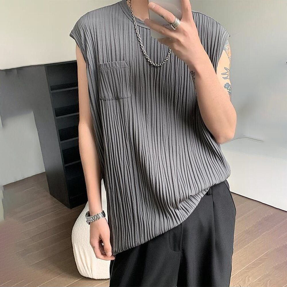 Bonsir Summer Casual Pleated Sleeveless Vest Men's Trend Sexy Sleeveless Tee Shirts Korean Loose Tabk Tops Solid All-match Streetwear