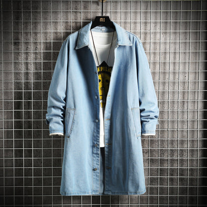 sanyamk Spring Men Denim Jacket Men Loose Mid-Length Denim Casual Coat Male Turn-Down Collar Trenchcoat Korean Fashion Outerwear