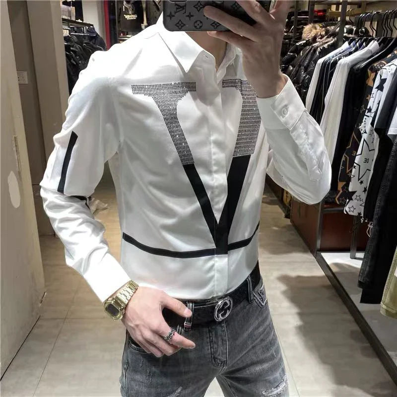 sanyamk Spring Autumn Personality Diamonds Letter Printing Shirt Hombre Long Sleeve Casual Fashion All-match Bottoming Blouse Men Top