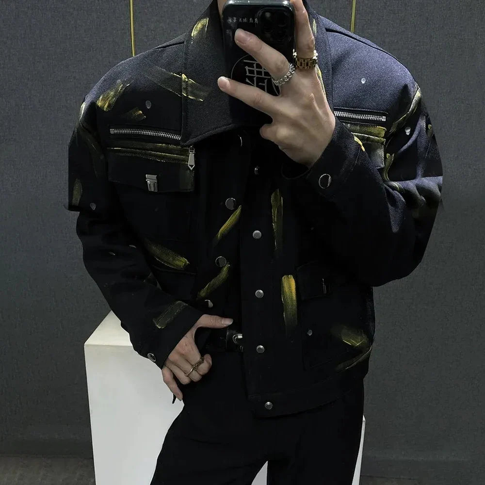 sanyamk Mens Graffiti Print Big Pocket Jacket Spring And Autumn Y2k Streetwear Fashion Workwear Temperament Jacket Men'S Clothing 2024