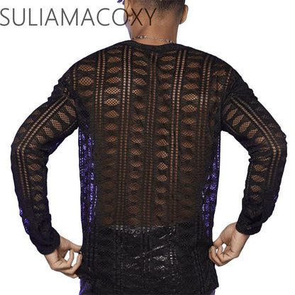 sanyamk Men's V-neck Lace Long Sleeve T-shirt See-through Mesh Stretch Shirt