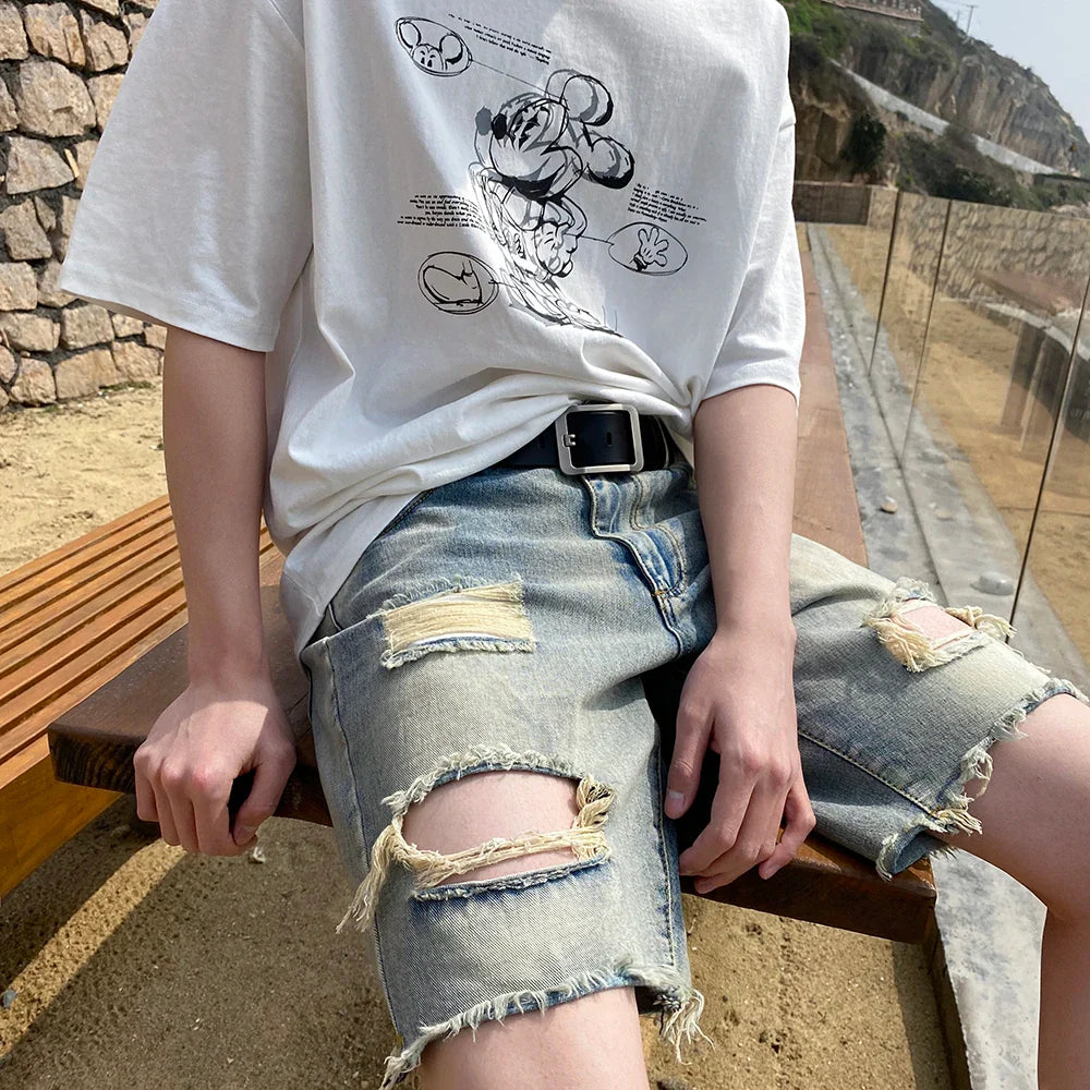 sanyamk Summer Hole Shorts Jeans Men Ripped Denim Pants Fashion Black/Blue Men's Jeans Short Pants Streetwear Straight Jeans Men