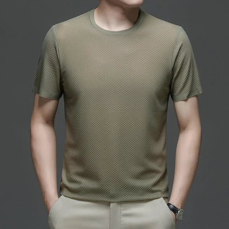 sanyamk 2024 Summer Mesh Ice Silk T-shirt Men's Short Sleeve Round Neck  New Half Sleeve Men Thin Solid Color Tees Top