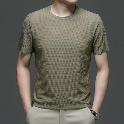 sanyamk 2024 Summer Mesh Ice Silk T-shirt Men's Short Sleeve Round Neck  New Half Sleeve Men Thin Solid Color Tees Top