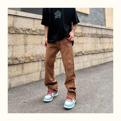 sanyamk New Fashion Letter Embroidery Vintage Brown Men Cargo Jeans Pants Ankle Zipper Hip Hop Baggy Straight Denim Trousers Pantalones