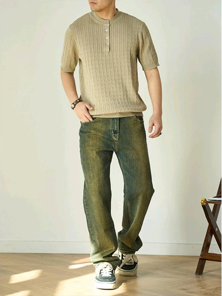 sanyamk  -  Stylish Mens Knitted T Shirt Summer Casual Solid Color Crew Neck Button Knit Pullover Tops Men Summer Vintage Knitting T-shirts