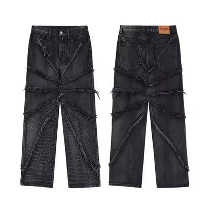 sanyamk Y2K Punk Black American Street Rock Retro High Waist Oversized Jeans Men Raw Edge Washed Darkwear Wide Leg Trousers Men