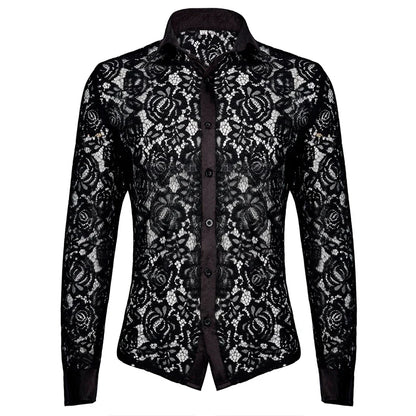 sanyamk 2024 Spring Long Sleeve See Through Mens Shirt Sexy Floral Embroidery Mesh Lace Shirts Tops Men Streetwear Fashion Slim Cardigan