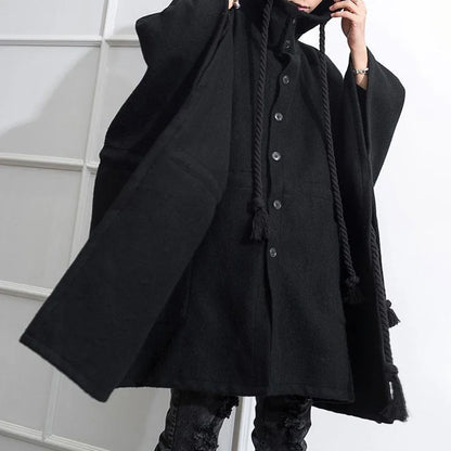 sanyamk Mens Dark Style Mid-Length Casual Hooded Cape Autumn And Winter Genderless Fashion Retro Loose Solid Color Shawl Cape Unisex