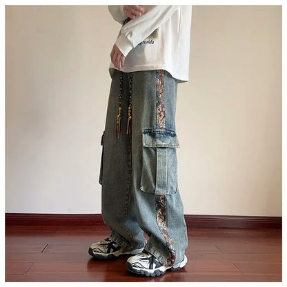 sanyamk Hip hop trend personalized straight leg retro washed workwear jeans American men and women street loose wide leg casual pants