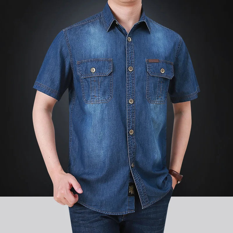 sanyamk Summer New Simple Polo Collar Men Denim Short Sleeve Shirt Comfortable Thin Mens Top Casual Loose Male Shirts