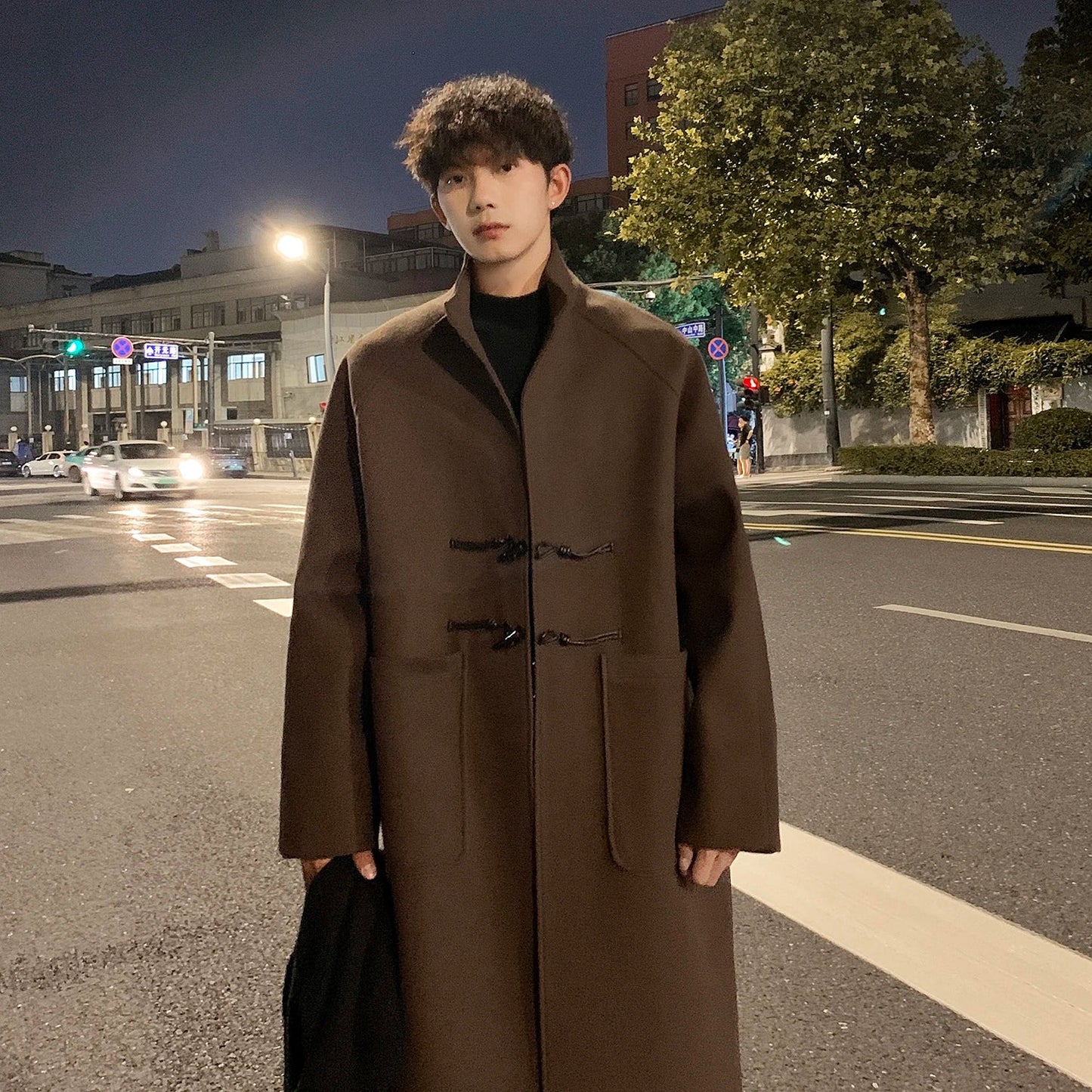 sanyamk Autumn Winter Men Horn Button Woolen Coat Mid Length Stand Collar Trench Coat Solid Color Big Pocket Overcoat Streetwear