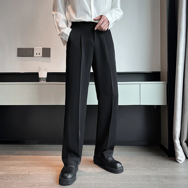 sanyamk Summer Men Thin Casual Suit Pants Long Straight Drape Silky Wide Loose Trousers Male Elastic Waist Oversize Clothes Black White