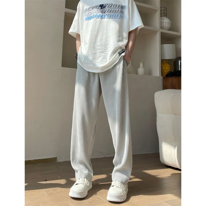 Bonsir Summer Pleated Pants Men Fashion Oversized Ice Silk Pants Men Japanese Streetwear Loose Straight Pants Mens Casual Trousers