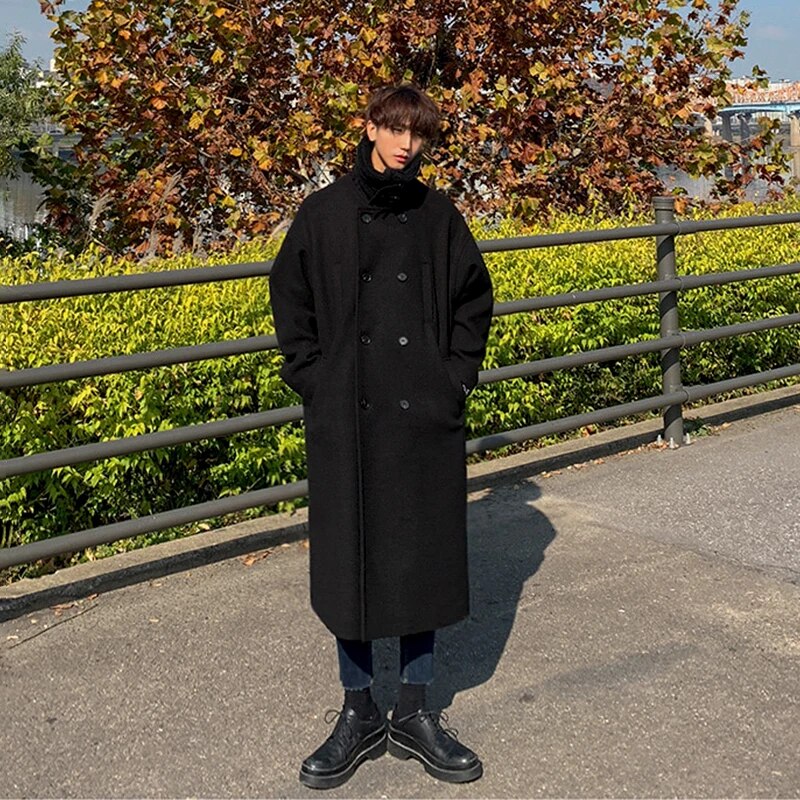 Bonsir Autumn Winter Mens Wool Coat Solid Long Sleeve Woolen Jacket Fleece Woolen Overcoat Streetwear Side Pockets Trench Outerwear Y56