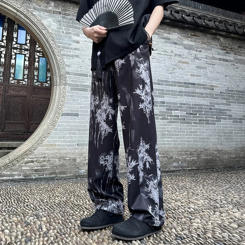 Bonsir Spring Summer Ice Silk Printed Straight Pants Plus Size 5XL-M Men's Streetwear Thin Casual Pants Men Comfortable Wide Leg Pants