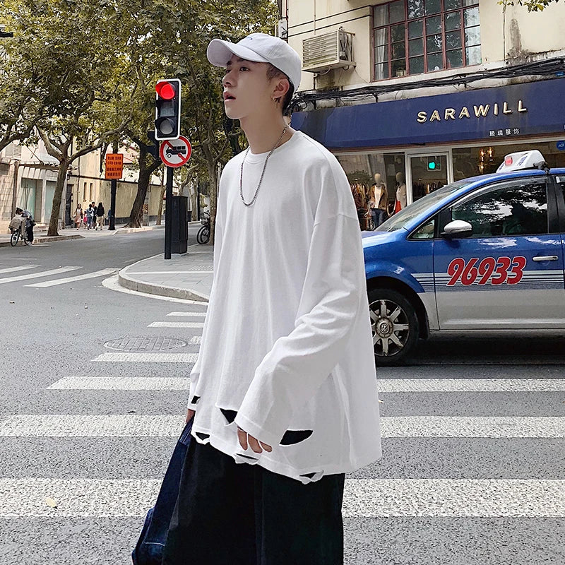 sanyamk  -  Men's Long Sleeved T-Shirt Solid Color Bottom Shirt Spring Fashion Brand Hem Hole Design Street Loose Hip-Hop T-Shirt