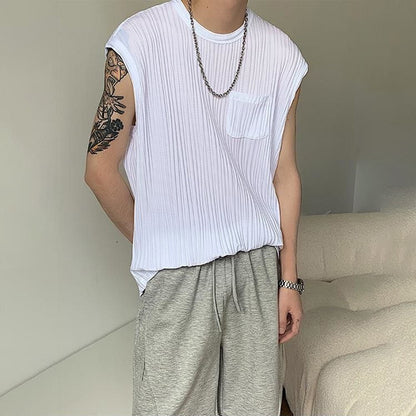 Bonsir Summer Casual Pleated Sleeveless Vest Men's Trend Sexy Sleeveless Tee Shirts Korean Loose Tabk Tops Solid All-match Streetwear