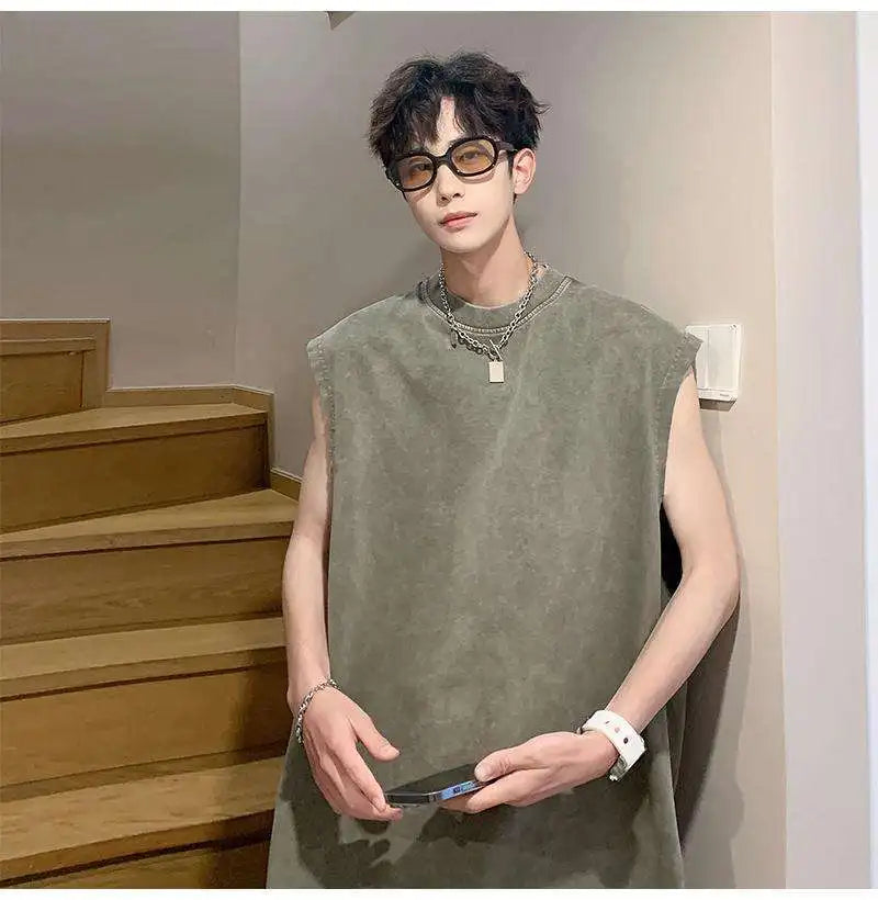 Bonsir Vintage Heavyweight Sleeveless t-shirt Men's Summer Loose Large Size Cotton Sports Fitness Shoulder Tank Top
