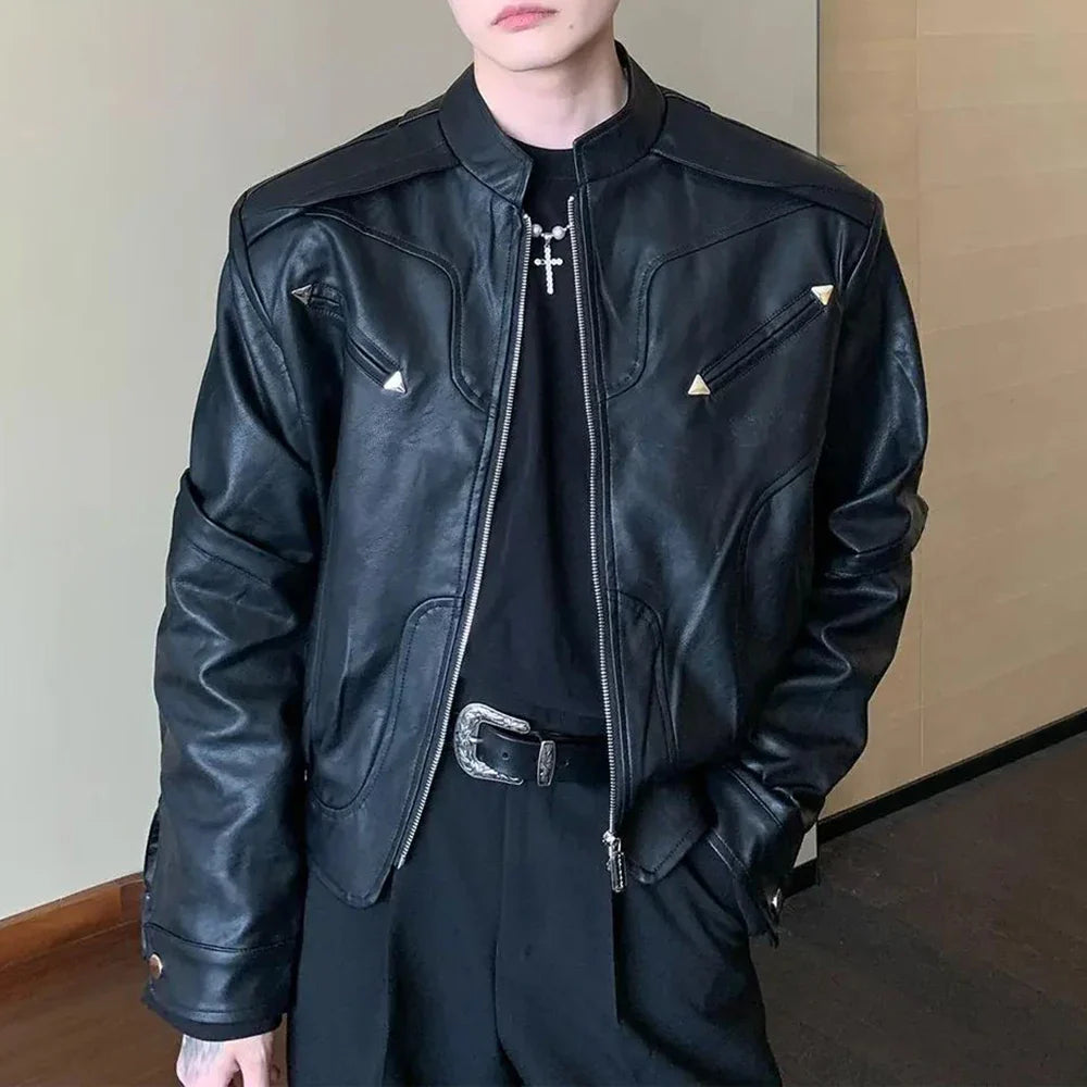 sanyamk Mens Autumn Winter Short Biker Leather Jacket Gender-Free Necessities Fashion Trend Loose Casual Solid Color Jacket Unisex