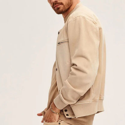 Bonsir Fashion Slim Fit Button-up Jackets For Men Autumn Casual Solid Color Crew Neck Cardigans Spring Mens Trend Long Sleeve Outerwear