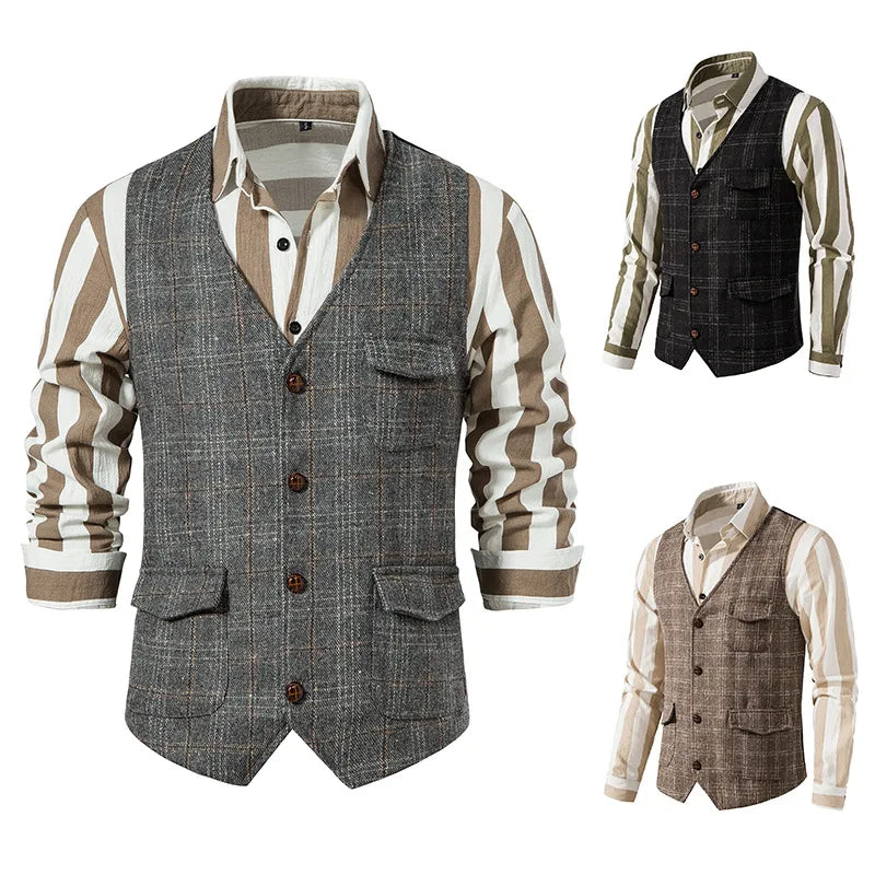 sanyamk Men's Suit Vest Single Breasted Retro Tweed Amikaki Plaid Business Daily Casual Vest