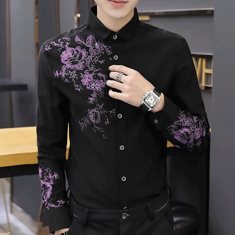 sanyamk Spring Business Casual Long-sleeved Polo Collar Men's Shirt Button Floral Printing Korean Fashion Slimming Fashion Commute Tops