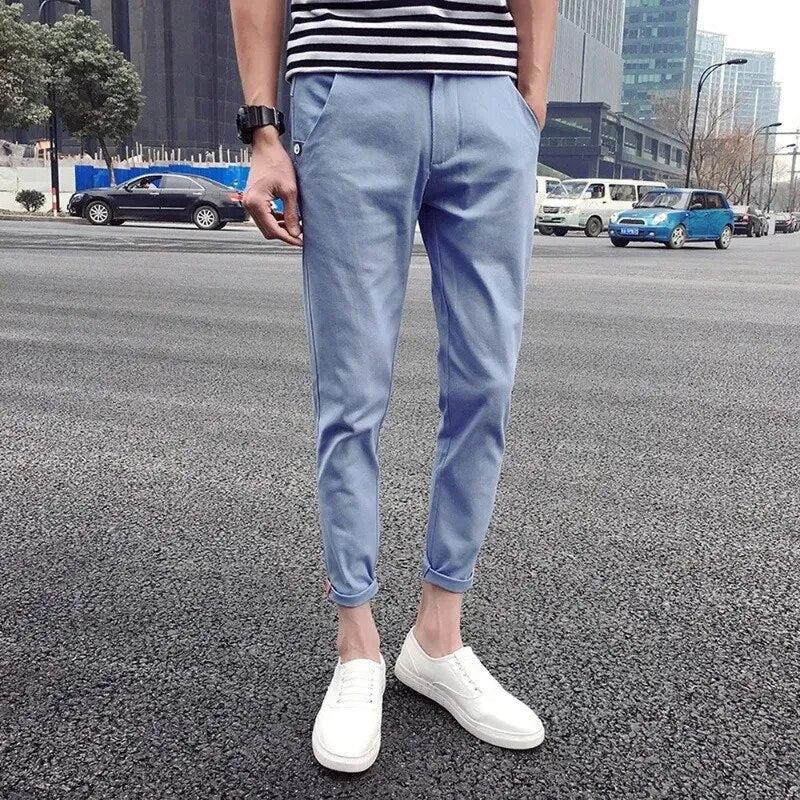 Bonsir Men's Pants Skinny Casual Trousers Korean Fashion Streetwear Slim Fit Spring Summer 9 Park Ankle Length Slacks