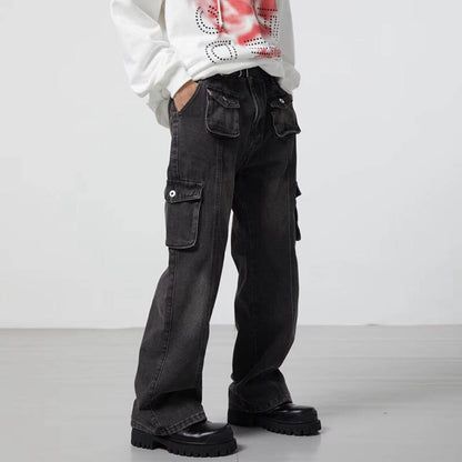 sanyamk High Street Washed Pockets Retro Jeans Pants for Men Straight Distressed Casual Baggy Denim Trousers Loose Hip Hop Cargos