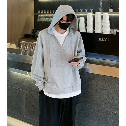 sanyamk  -  American Style Men's Hoodies Fake Two-piece Hooded Drawstring Loose Solid Color Casual Pullover Male Sweatshirts New 9C7274