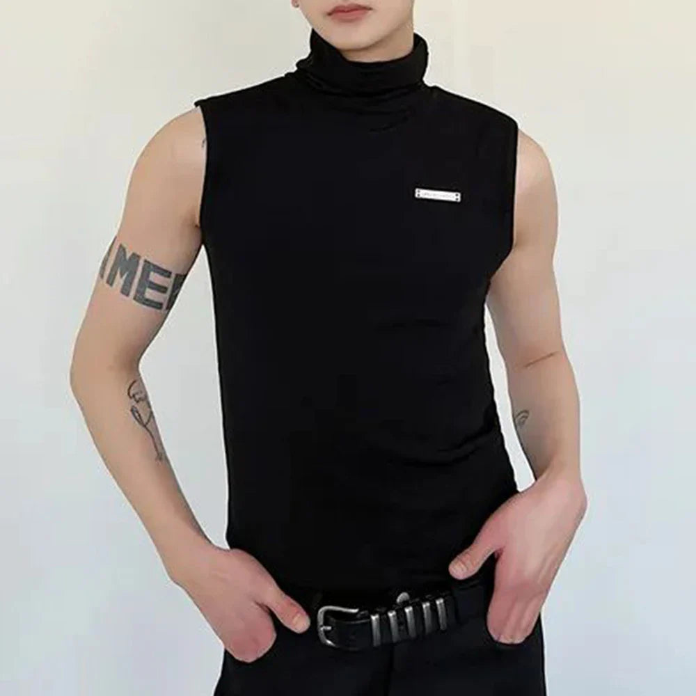 Bonsir Summer Unique Temperament High Collar Sleeveless Vest Mens Slim Solid Color Top Casual Street Genderless Sleeveless T-Shirt