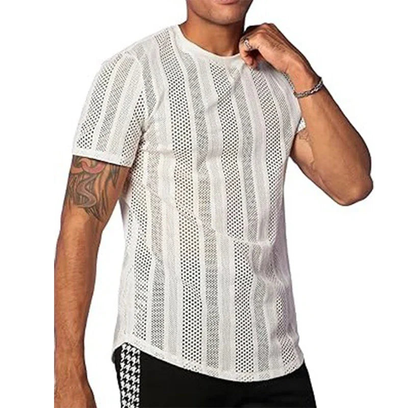 sanyamk 2024 Spring Summer Mens Casual Mesh Tops Short Sleeve O Neck Hollow Out T Shirts Fashion Solid Color See Through Breathable Top