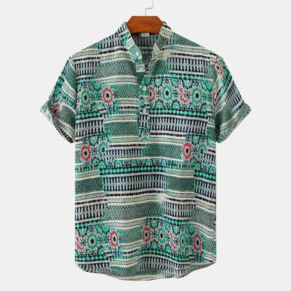 sanyamk Fashion Print Shirt Men Slim Fit Short sleeved stand collar Pullover Summer Beach Style Shirts Tops Mens Clothing Oversize