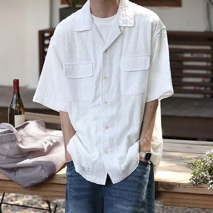 sanyamk Men Clothing 2024 Summer Vintage Simple Casual Cuban Collar White Shirt Y2K Fashion Embroidery Hollow Short Sleeve Pockets Tops