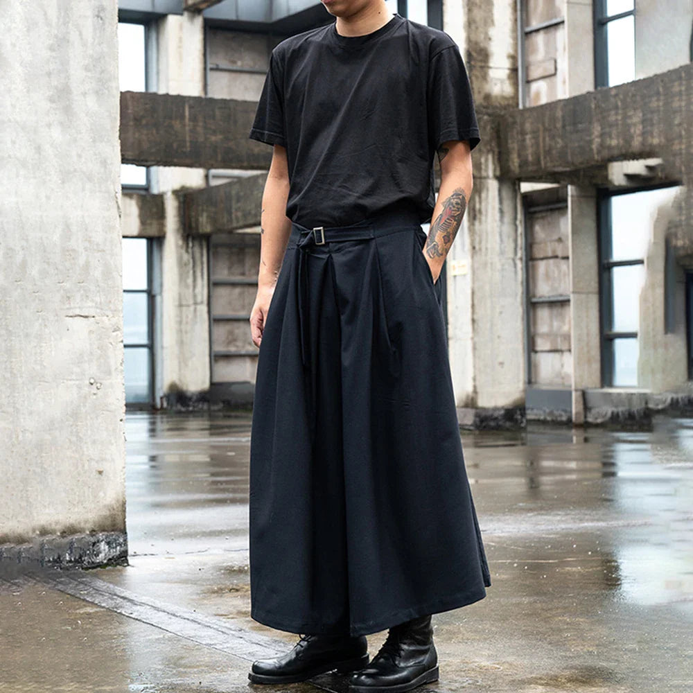 Bonsir Japan Streetwear Fashion Loose Casual Wide Leg Pant Men Punk Hip Hop Gothic Skirt Pants Black Harem Trousers Genderless Clothes