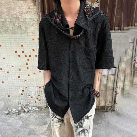 sanyamk Fashion Streetwear Retro Pleated Short Sleeve Shirt Summer New Cuban Collar Jacquard Shirts Top LGBT Solid Unisex Button Blouse