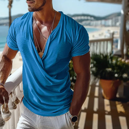 sanyamk  -  Vintage Wrap V Neck Tops Men New Casual Pure Color Loose Short Sleeve T-shirts Summer Mens Daily Leisure Breathable T Shirt Male