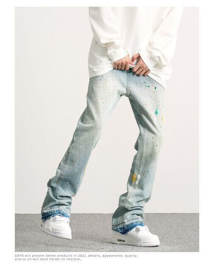 sanyamk High Street Wide Jeans Graffiti Micro Horn Jeans Vintage Hip Hop Denim Flared Pants Men Fashion Speckle Ink Wide Leg Washed Jean