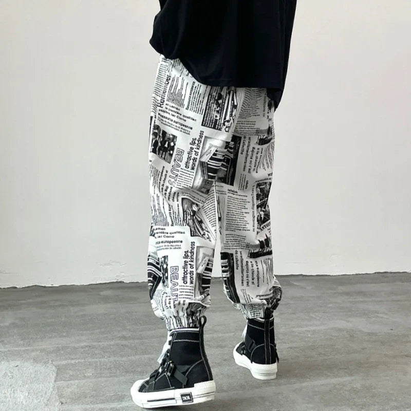 Bonsir Newspaper Pants Men Fashion High Street Spring Autumn Ankle Banded Loose Drawstring American Style Male Hip-hop Trousers Chic