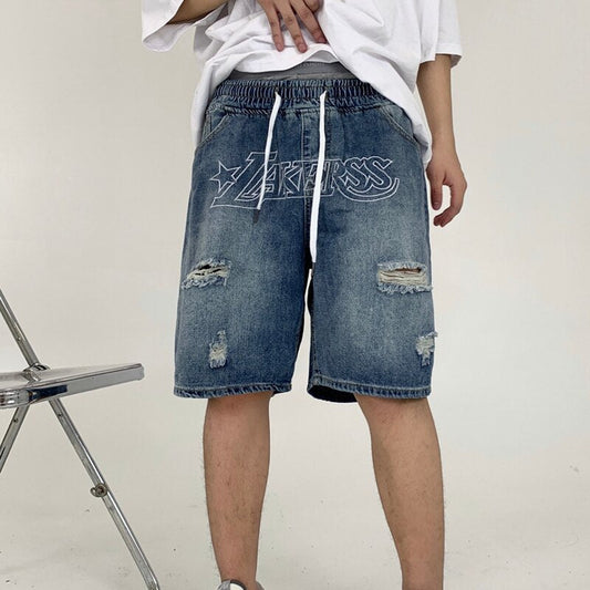 Bonsir Men's Denim Shorts Letter Embroidery Ripped Hole Short Jeans Women Wide Leg Shorts Hip Hop Drawstring Vintage Denim Pants Summer