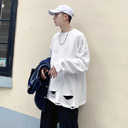 sanyamk  -  Men's Long Sleeved T-Shirt Solid Color Bottom Shirt Spring Fashion Brand Hem Hole Design Street Loose Hip-Hop T-Shirt